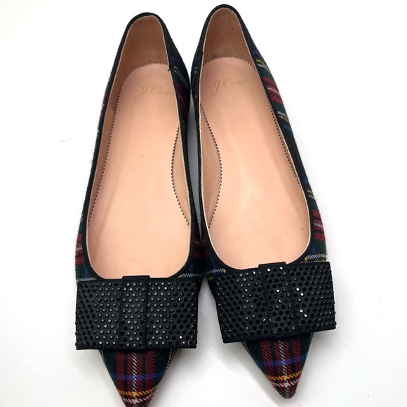J. Crew Pointy Toe Tartan Plaid Flats with Crystal Embellished Bow - Picture 2 of 11